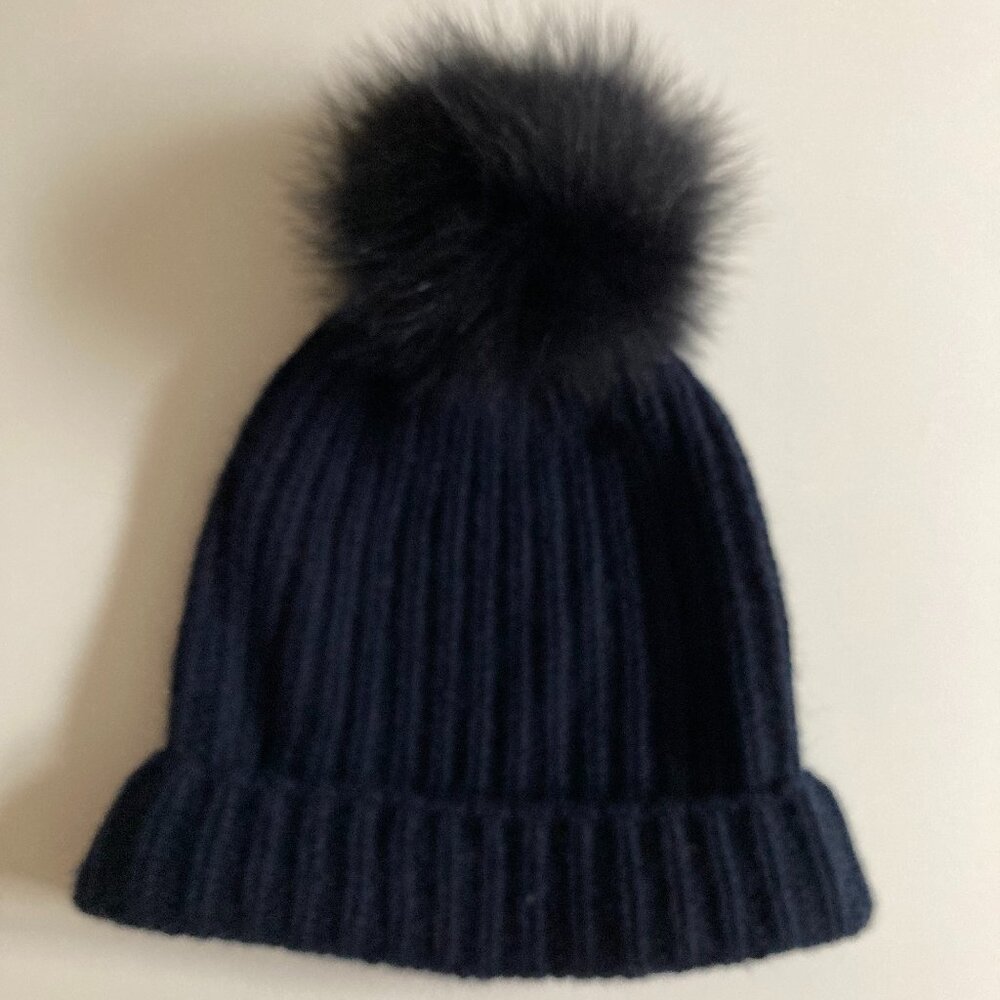 Woolrich Navy Cashmere Beanie with Pom Pom